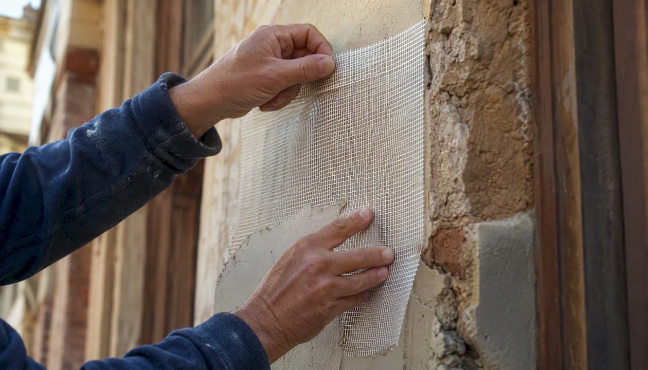 Hands fixing fibreglass mesh on heritage home wall