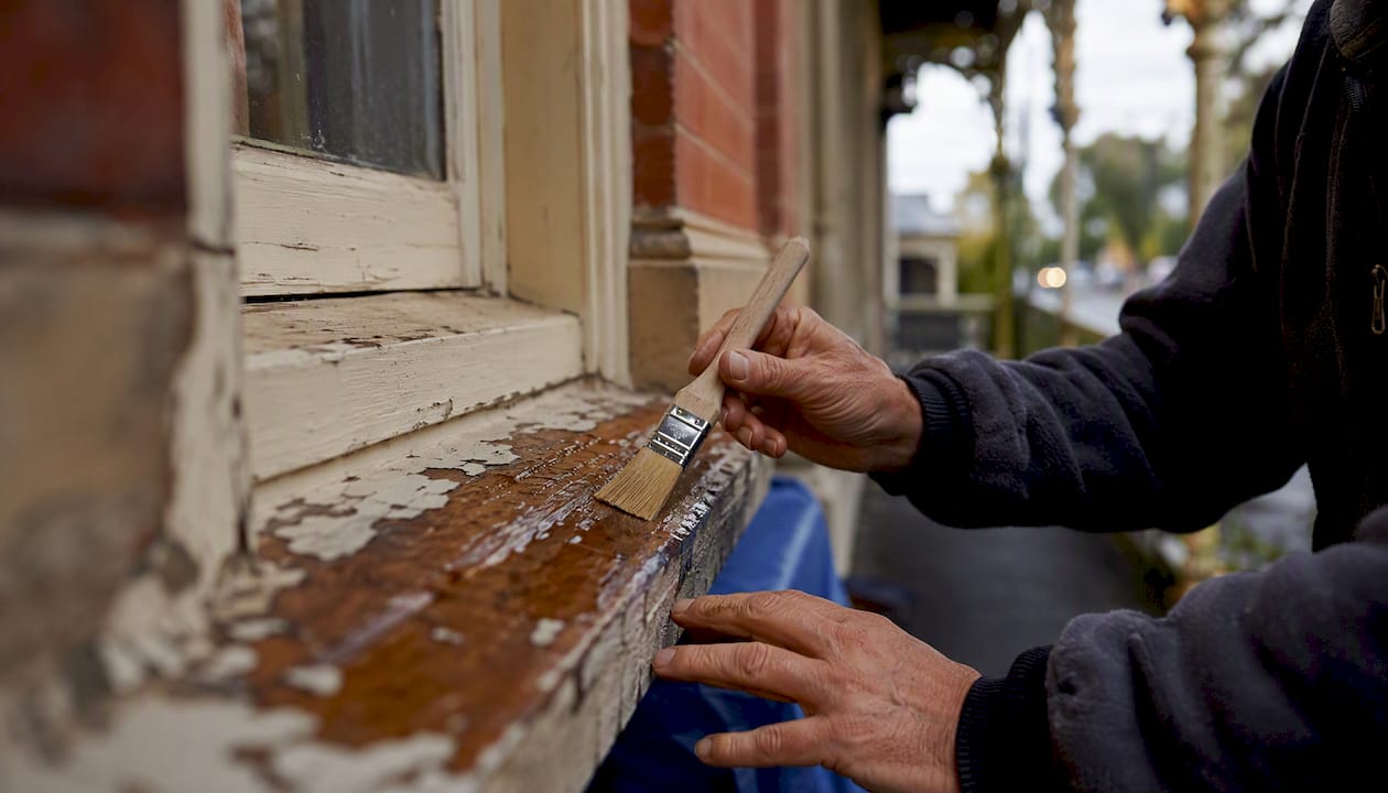 Hands applying epoxy consolidant to heritage timber