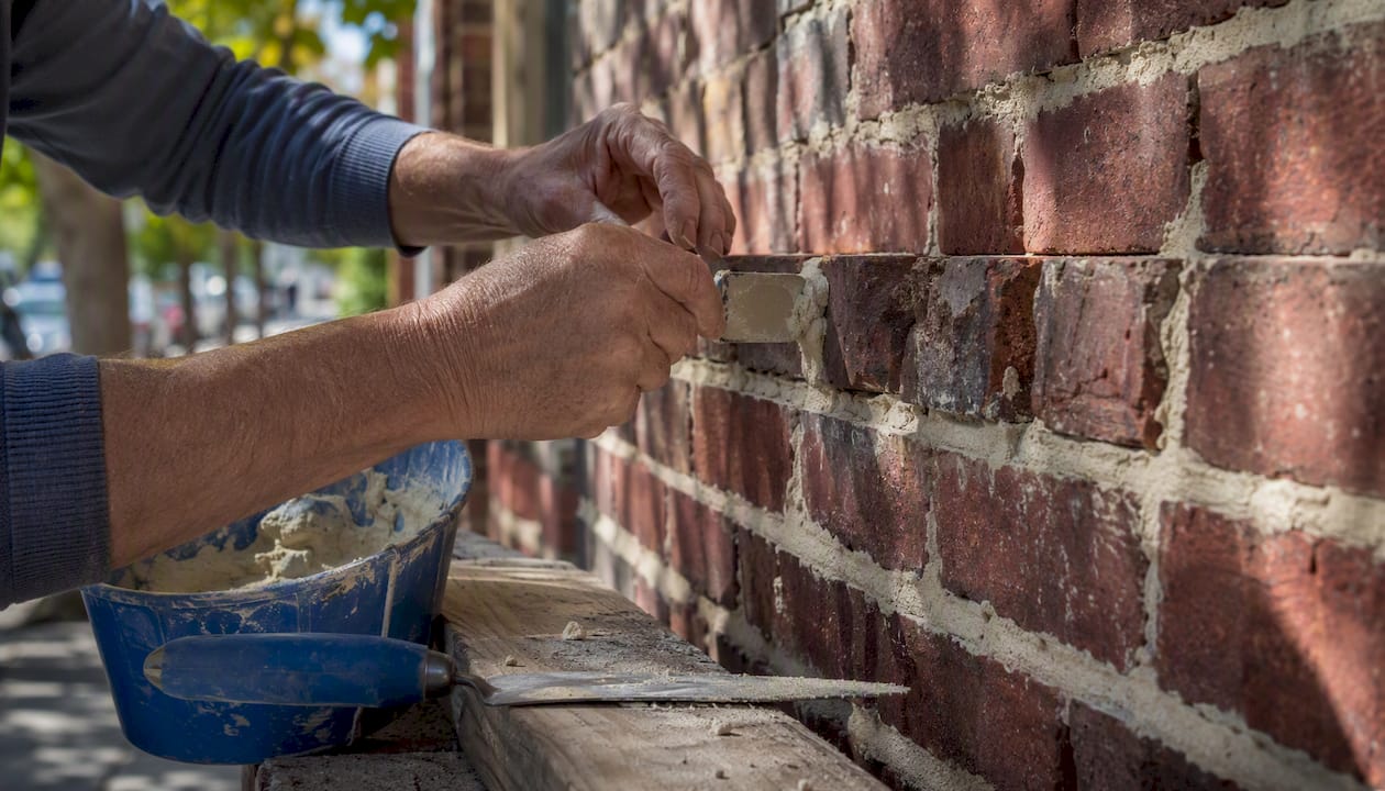 Hands applying lime mortar to heritage brick