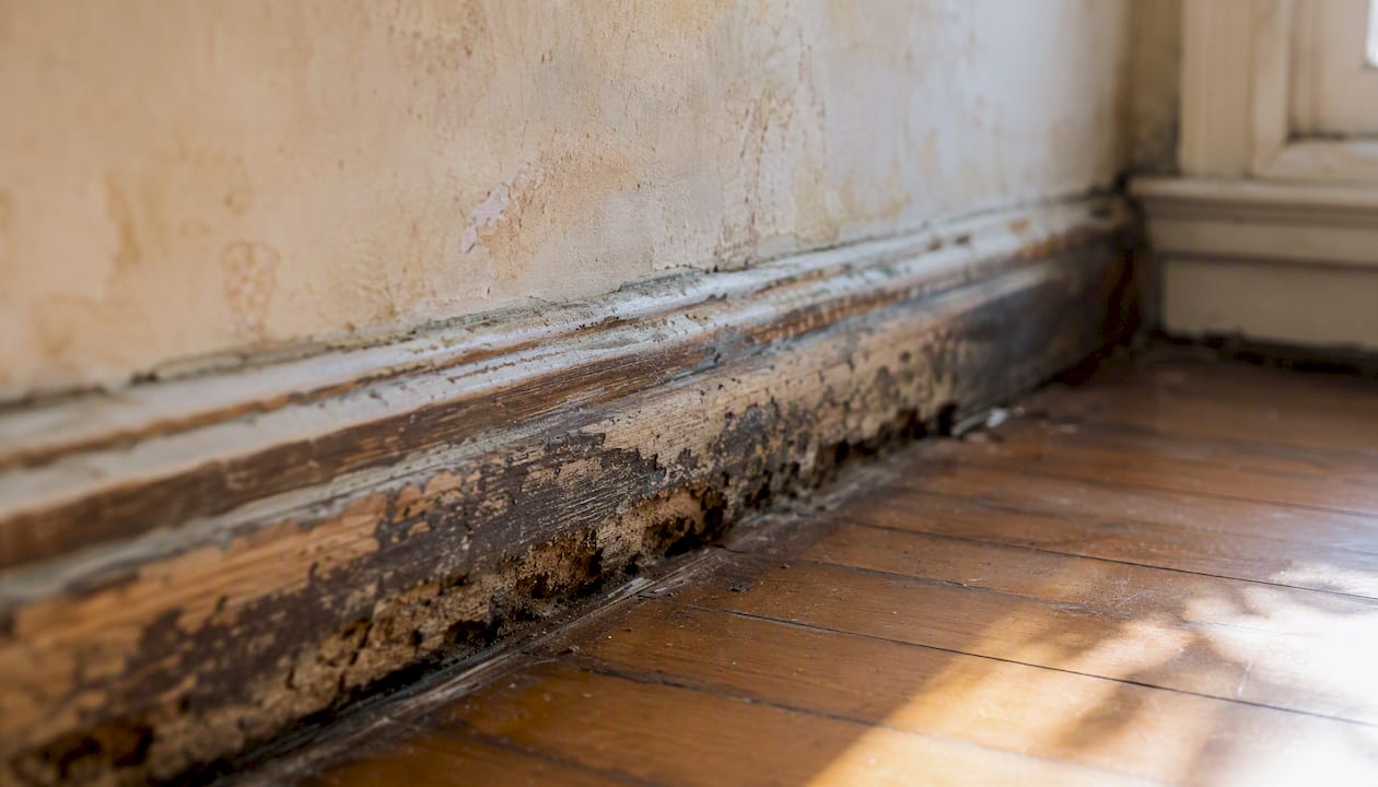 Rotting timber skirting board at base of wall