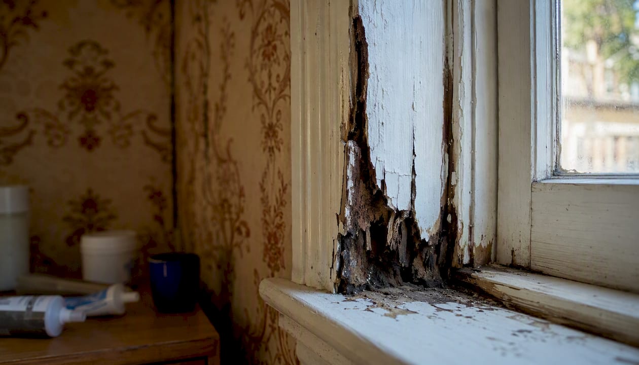 Close-up of rotten timber window frame