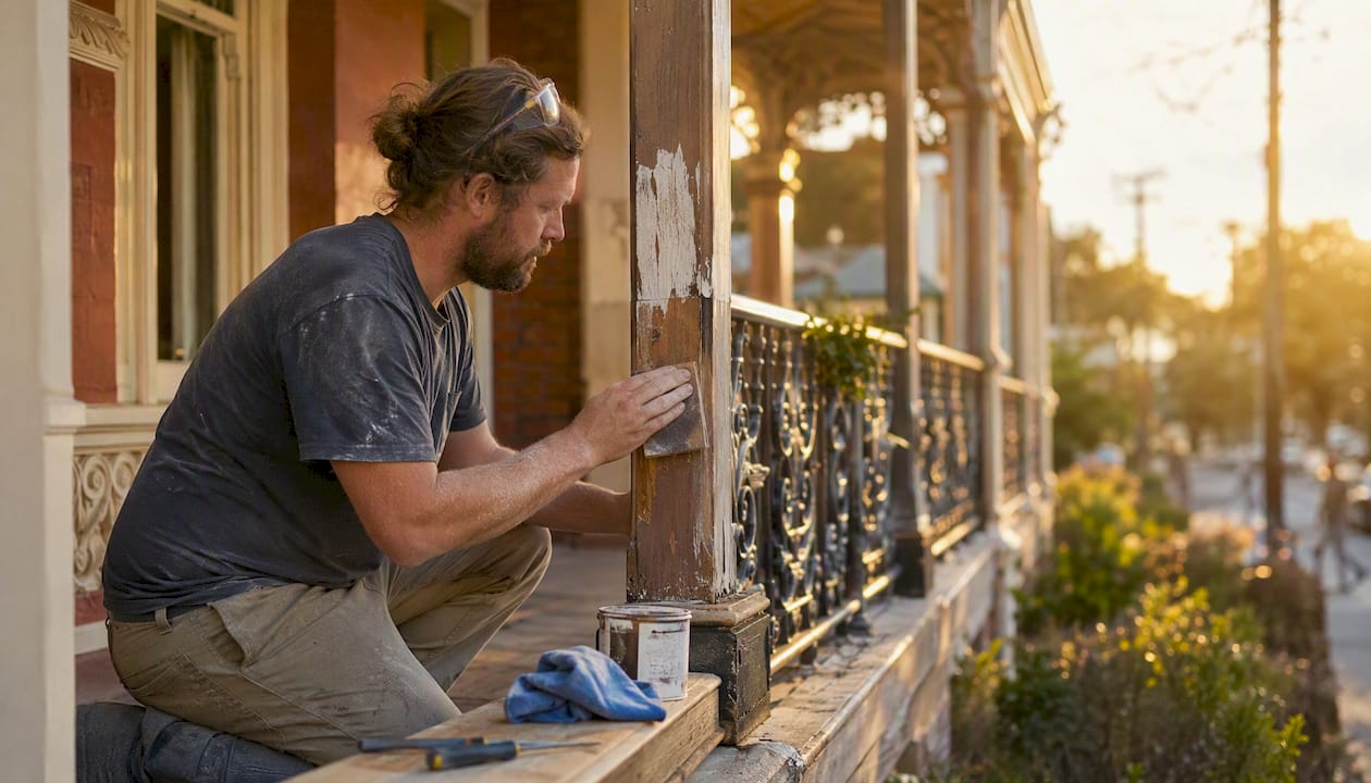 Craftsman repairing verandah post on heritage home