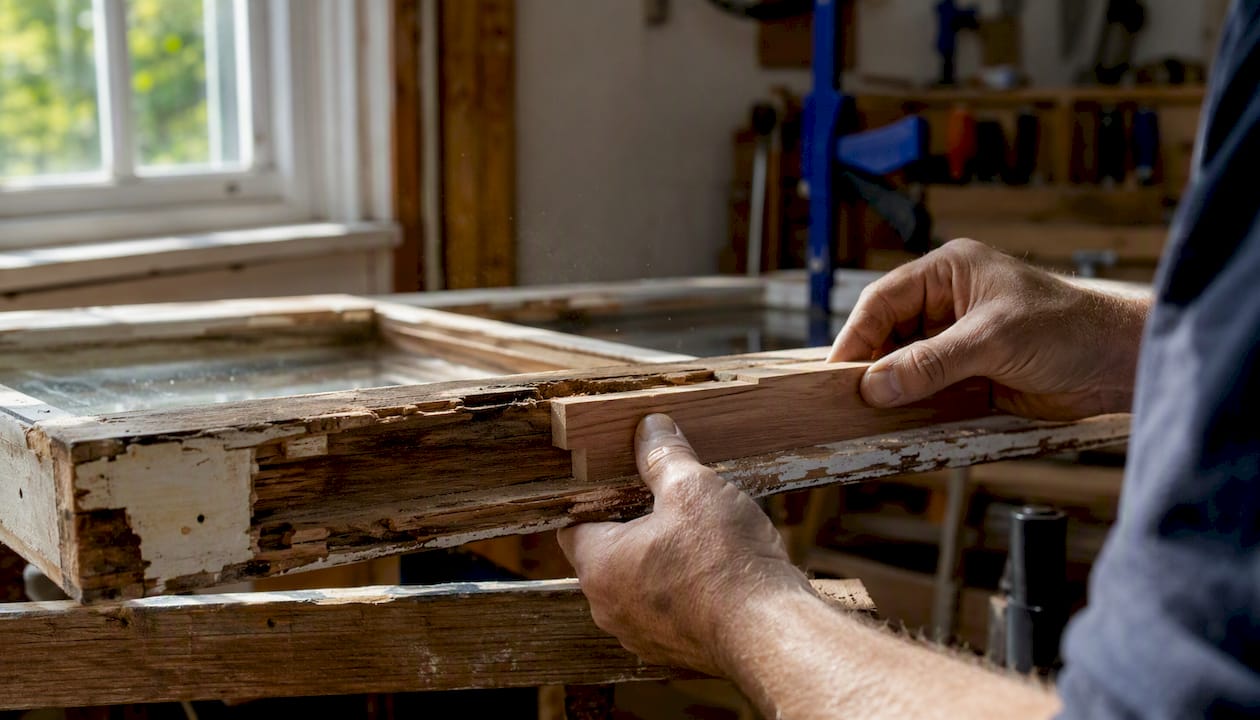 Hands repairing timber sash window splice