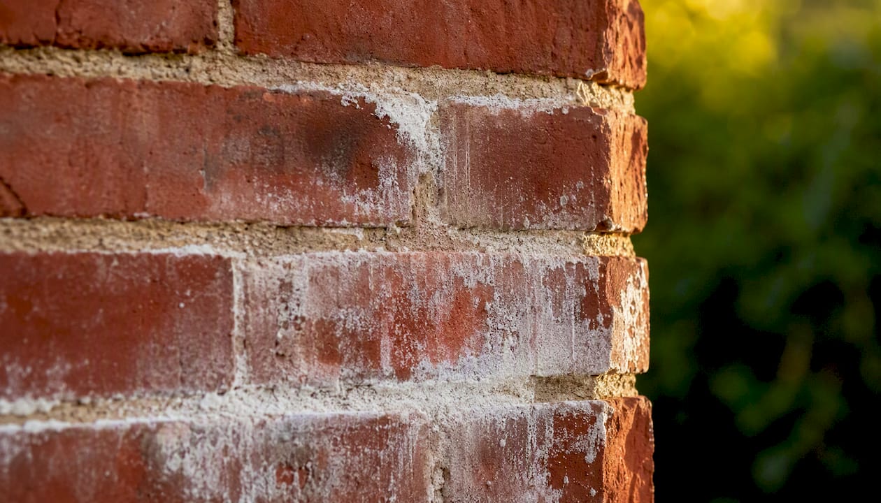 Close-up of brick with white efflorescence deposits
