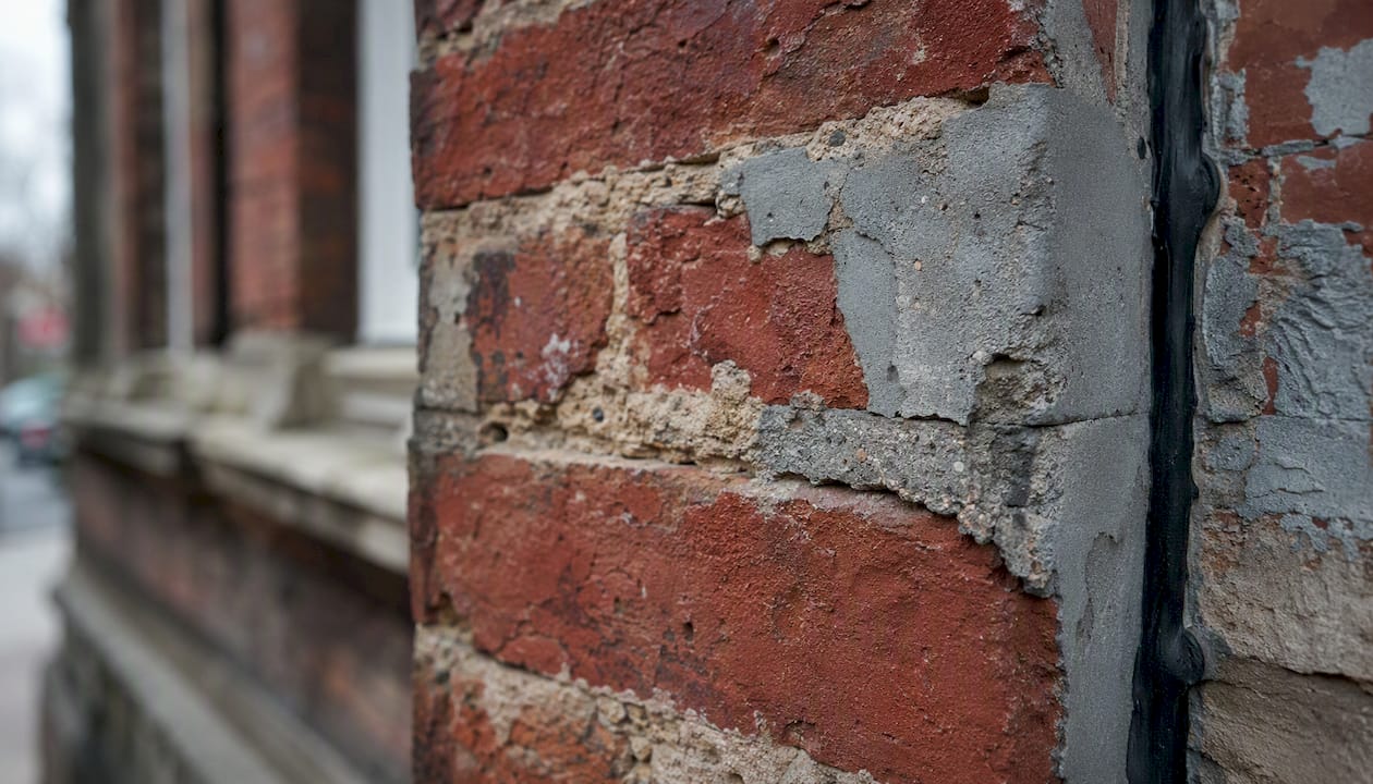 Close-up of damaged heritage brick and timber junction