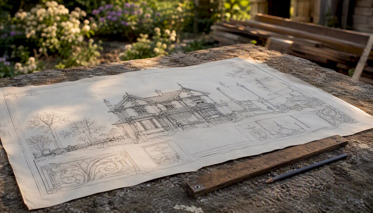 Architectural heritage restoration plans on wooden table