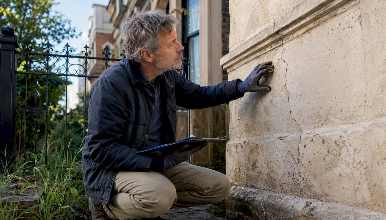 Hand tapping cracked render on heritage home