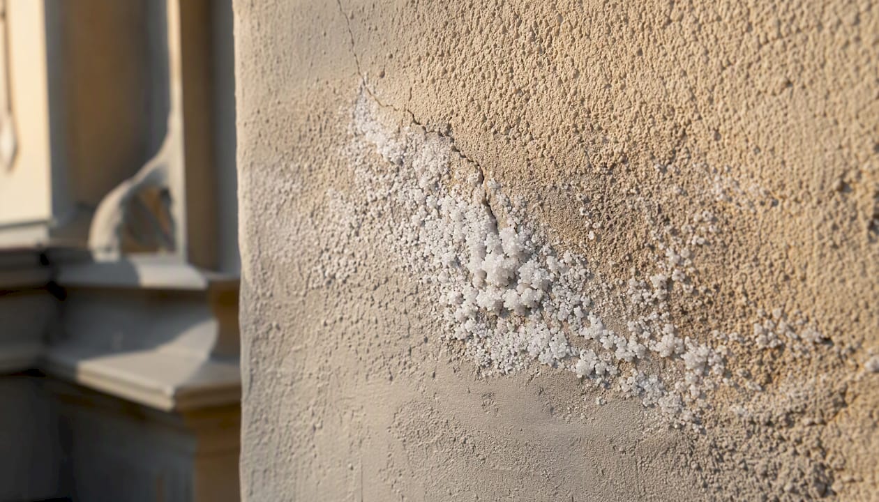 Salt crystallisation on cracked render surface