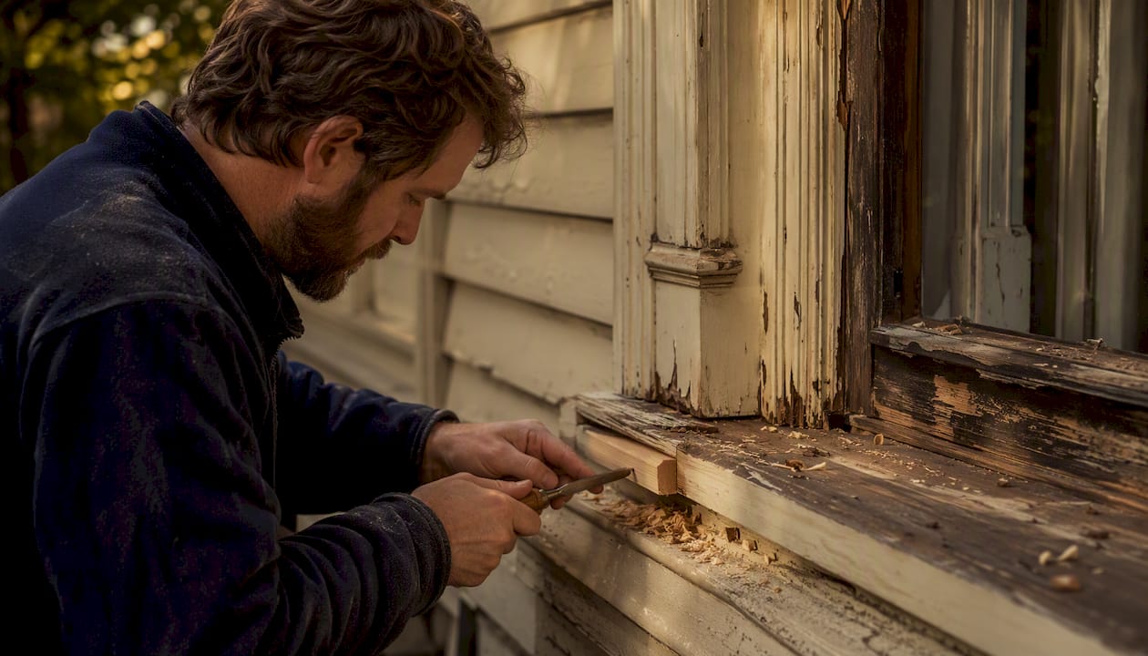 Craftsman repairing timber window with splice