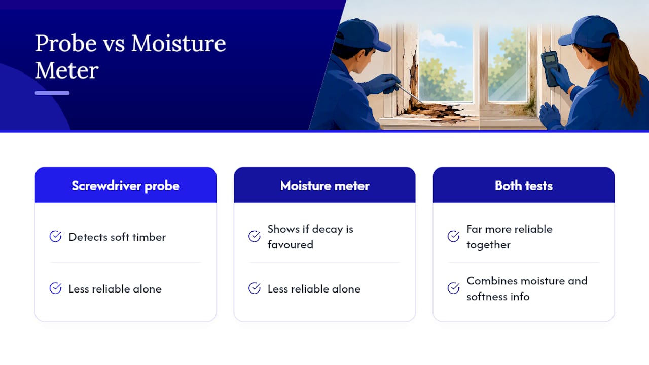 Diagram comparing moisture meter and probe test for window rot