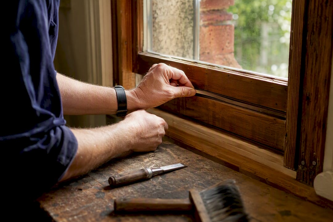 Hands fitting draught-proofing seal to timber window frame