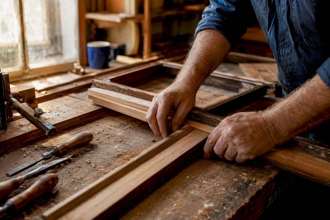Hands splicing timber sash window detail