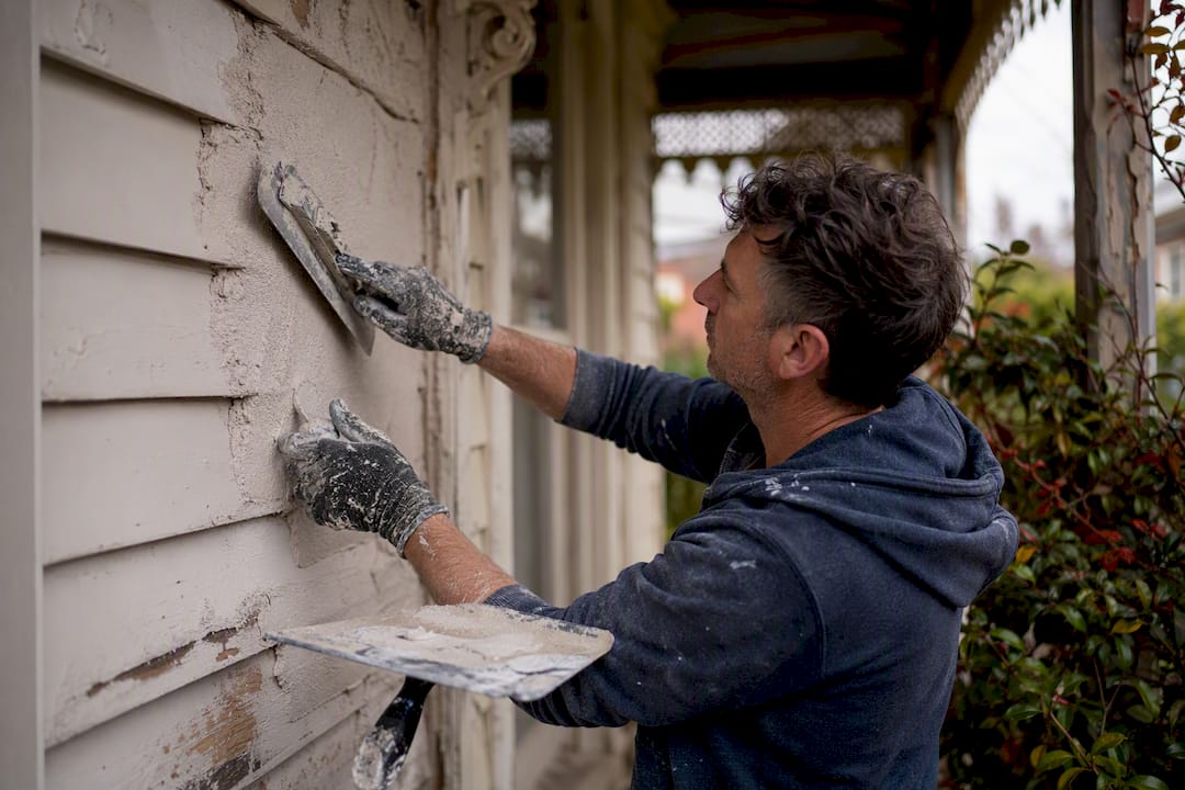 Hands repairing Edwardian weatherboard exterior