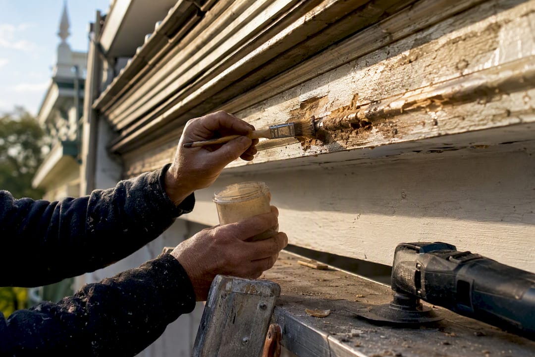 Hands applying wood hardener to timber fascia