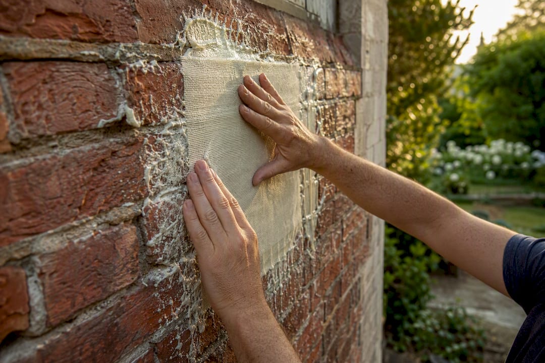 Hands pressing peel sheet onto paint stripper on brick