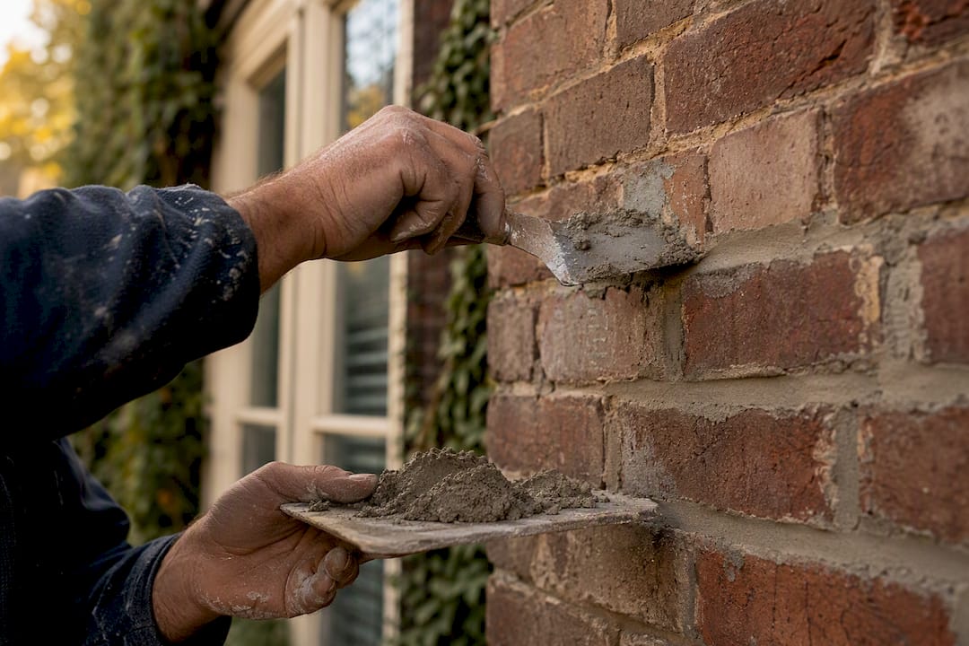 Hands repairing spalling brick wall on heritage home