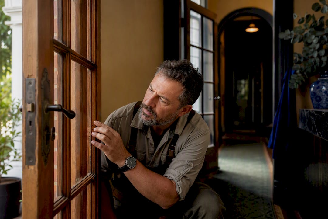 Restorer examining timber French doors