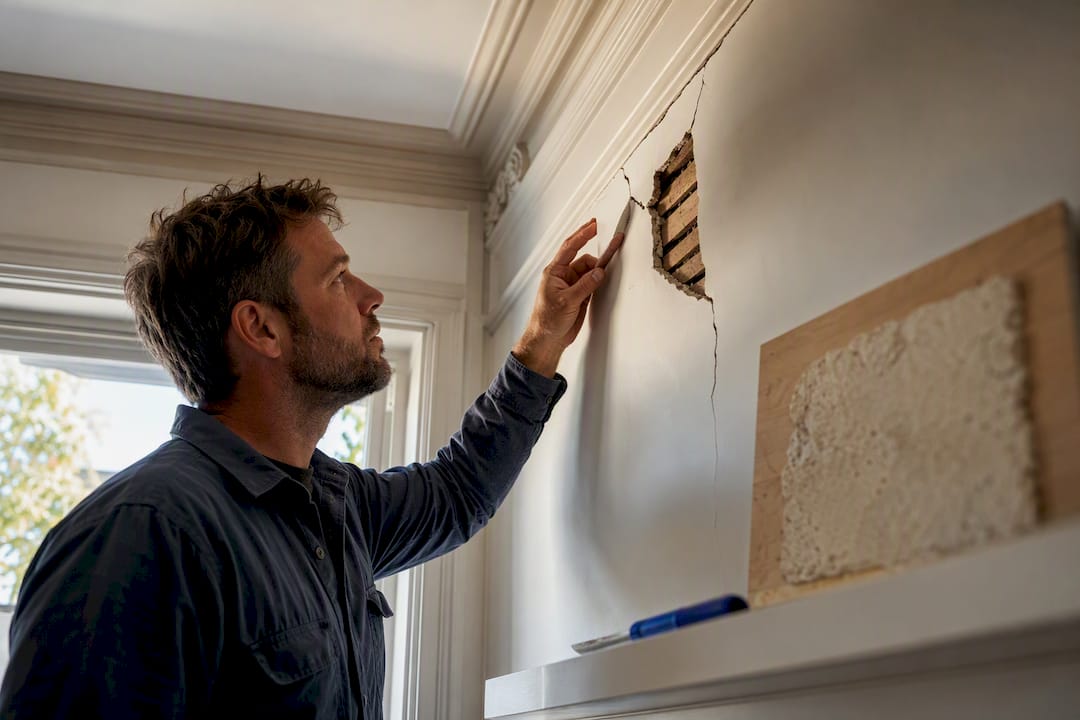 Original lath and plaster crack under inspection