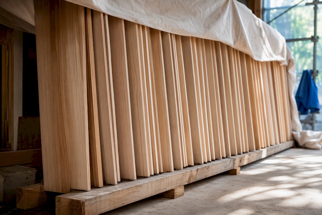Weatherboards stored upright under cover