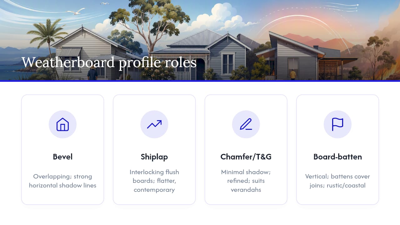 Weatherboard profiles: bevel, shiplap, chamferboard and more — overview diagram