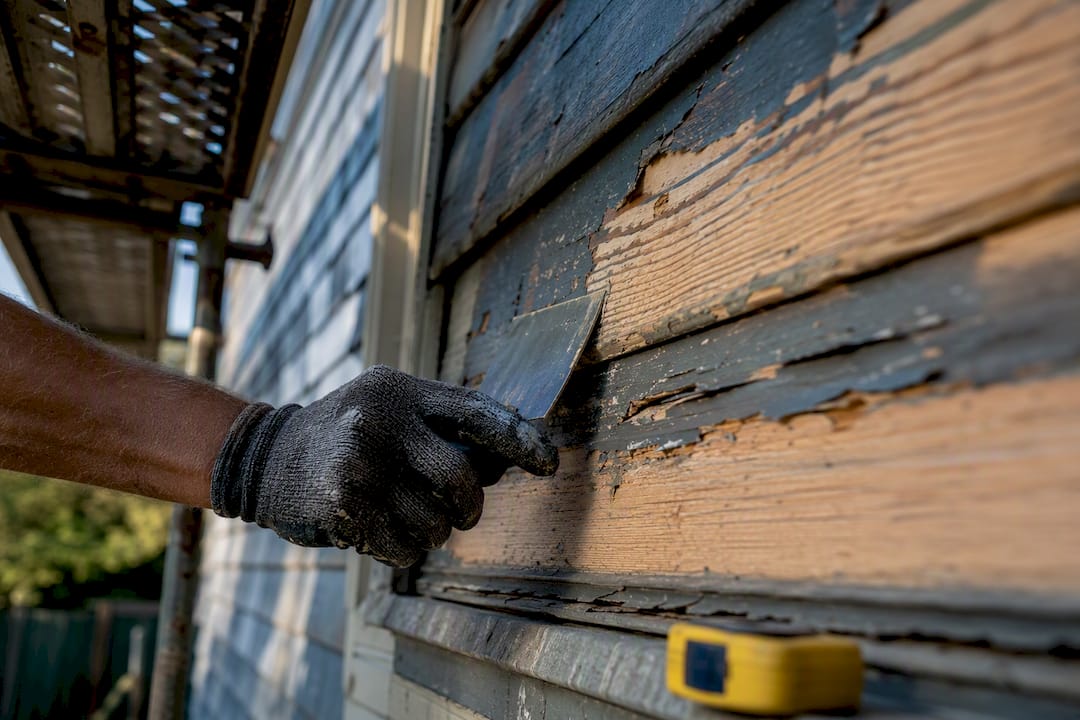 Painter preparing aged heritage weatherboards