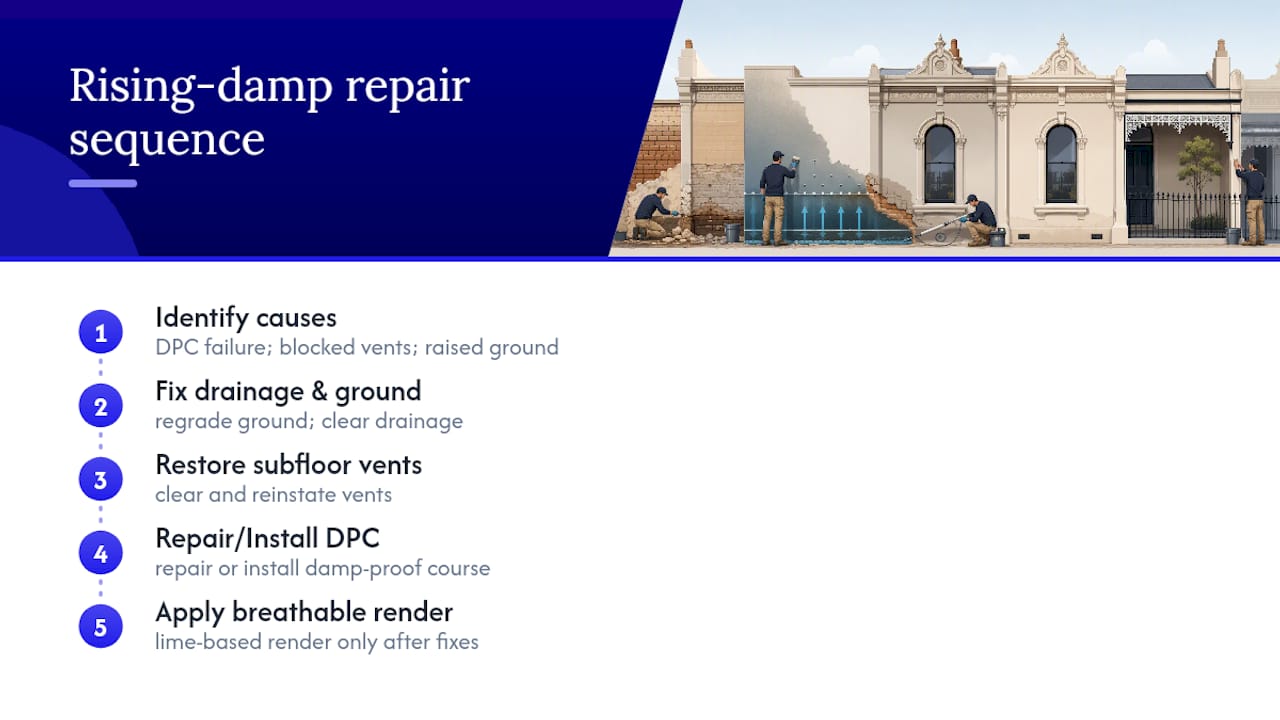 Rising damp causes and repair sequence