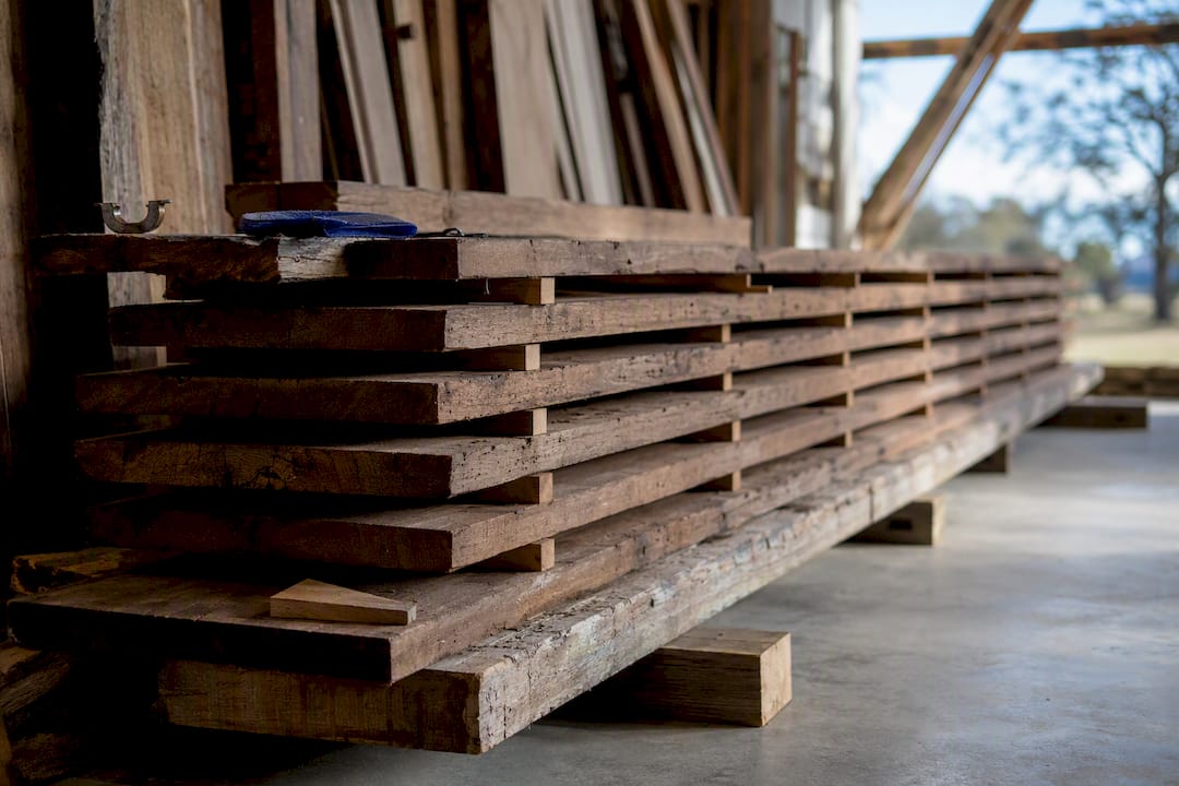Reclaimed timber stacked with spacer battens