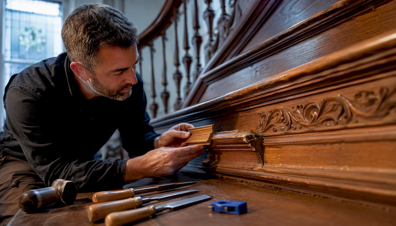 Restorer matching Victorian stair tread timber