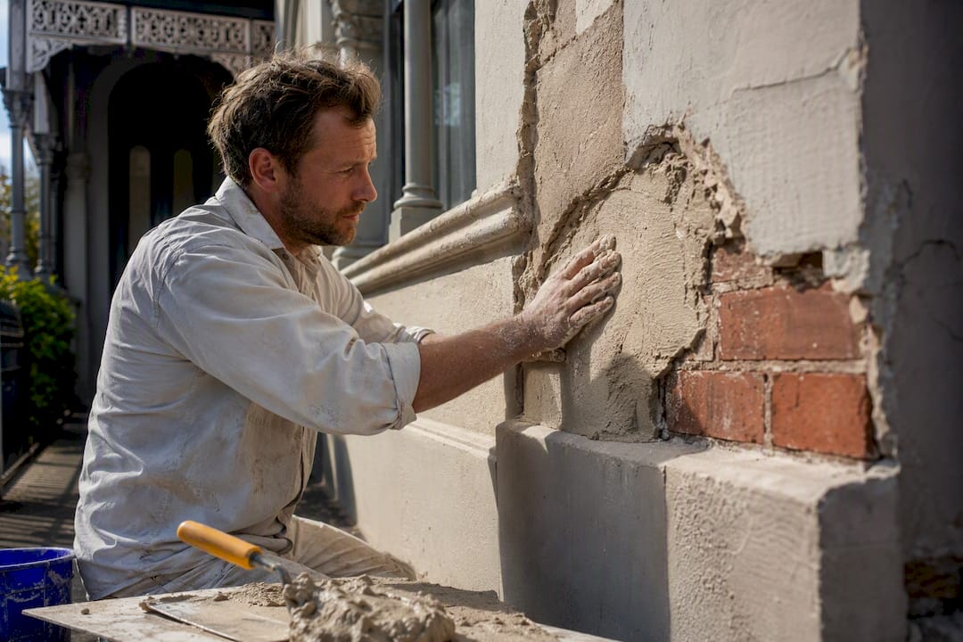 Repairing failed lime render on Victorian façade