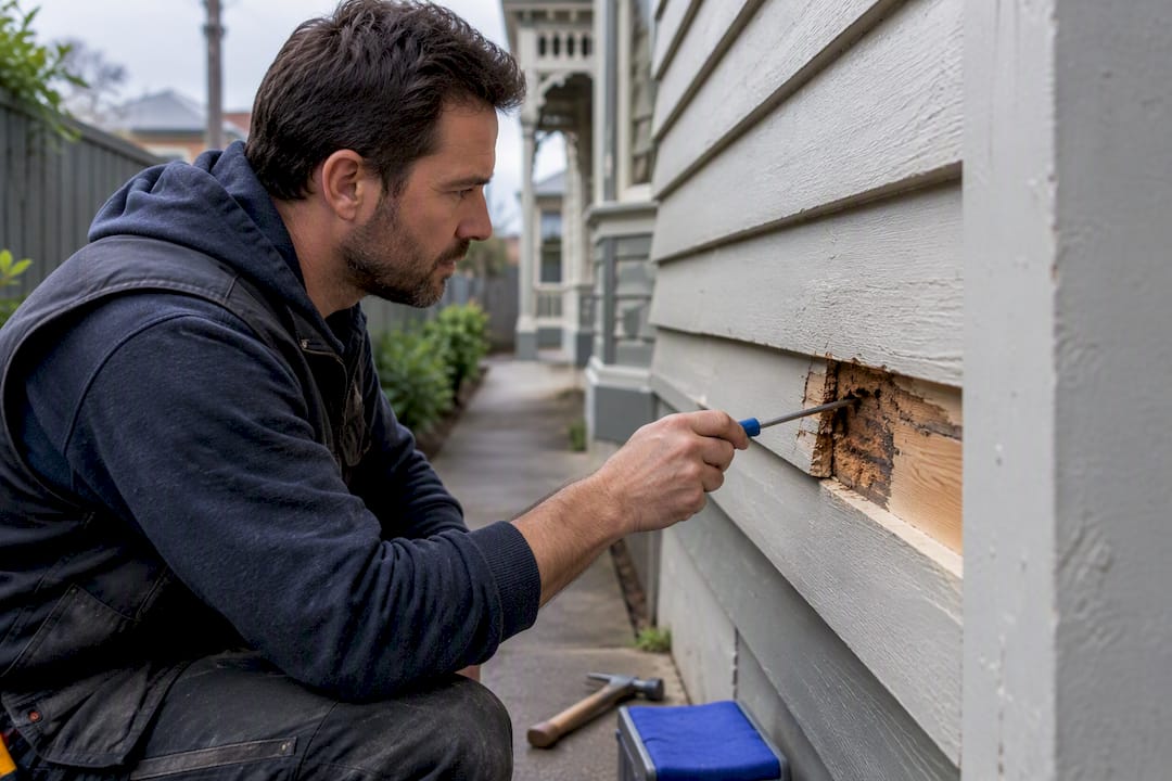 Inspecting rotten weatherboard before repair