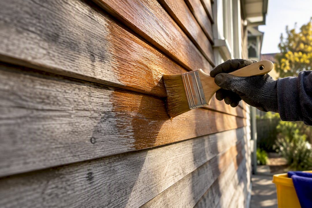Painter sealing weathered Victorian weatherboards