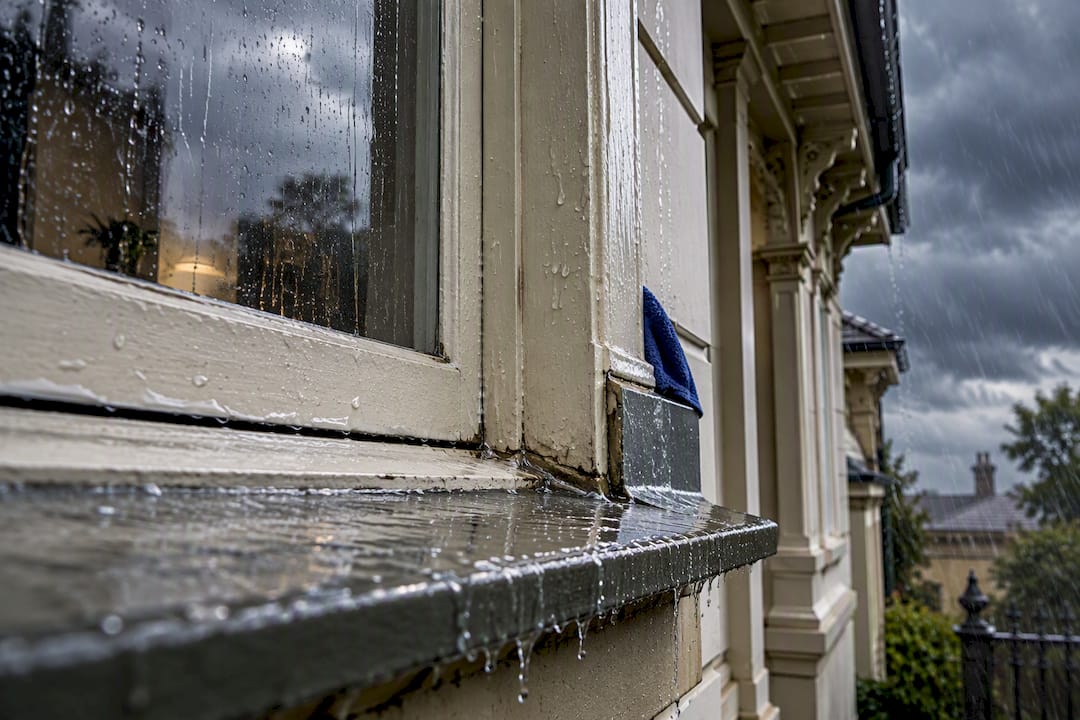 Rain striking a Melbourne heritage window