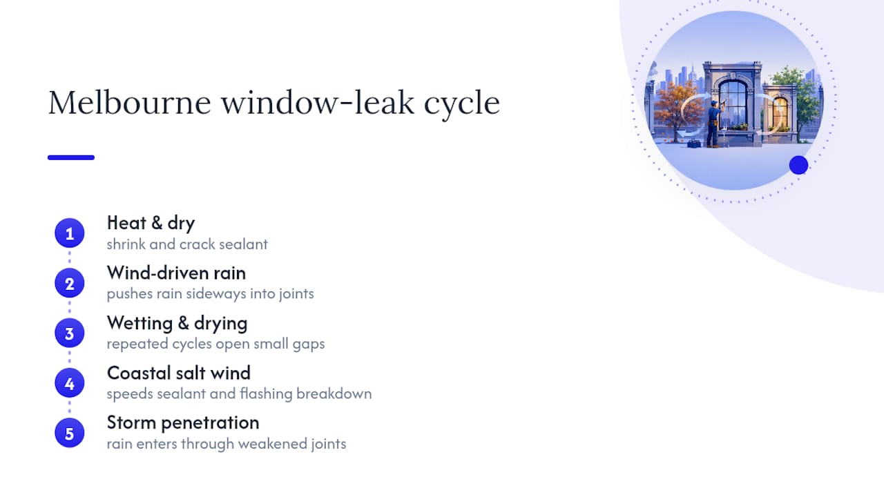 Cycle showing how weather worsens window leaks