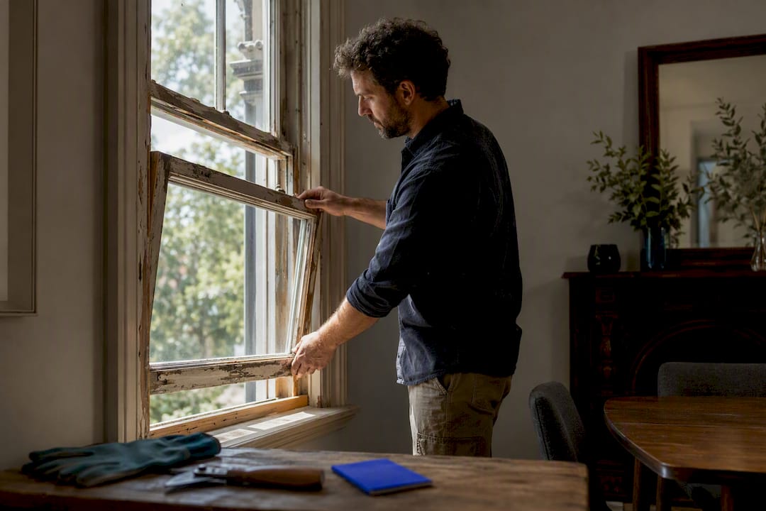 Restored Victorian sash window during repair
