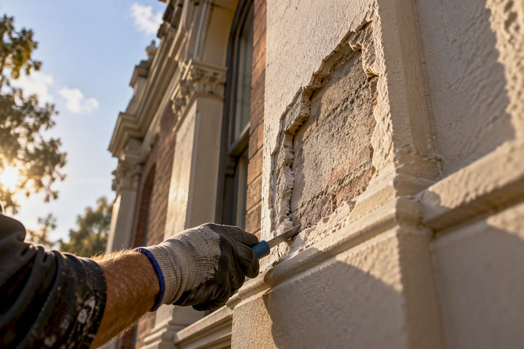 Opened delaminated render patch on period wall