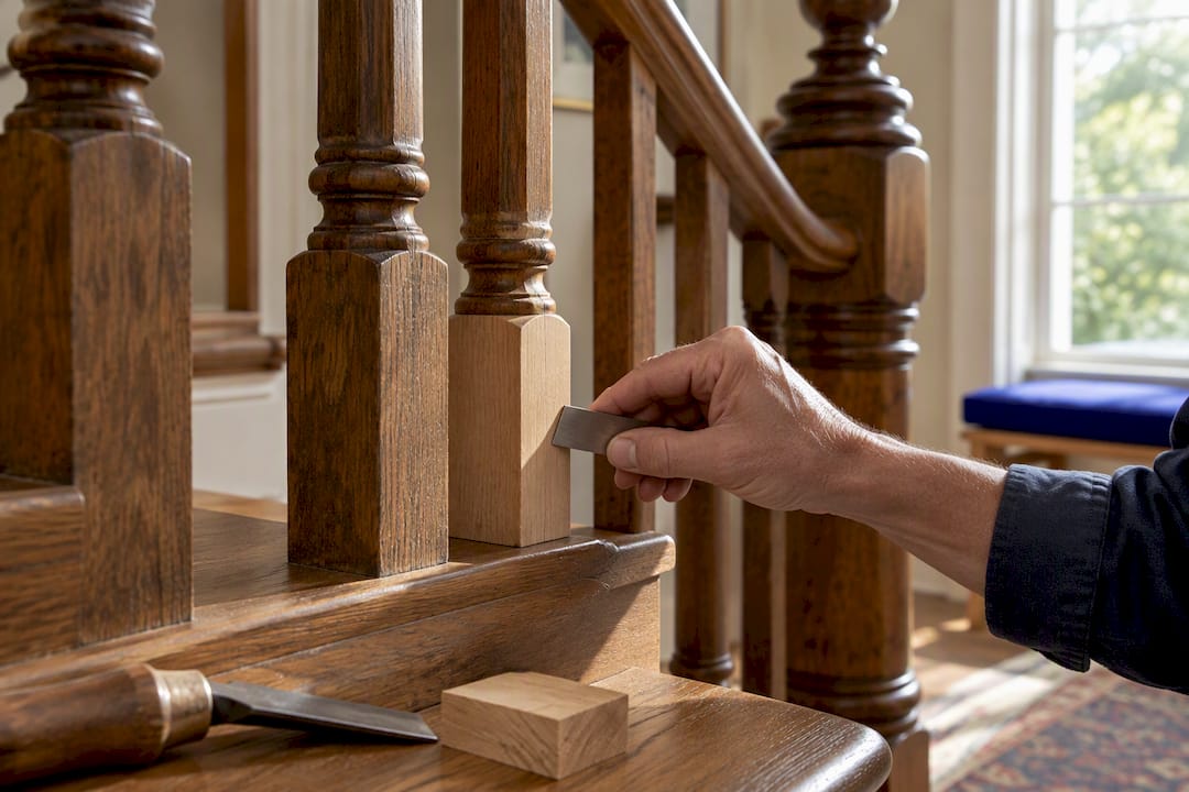 Matched timber splice on restored baluster base