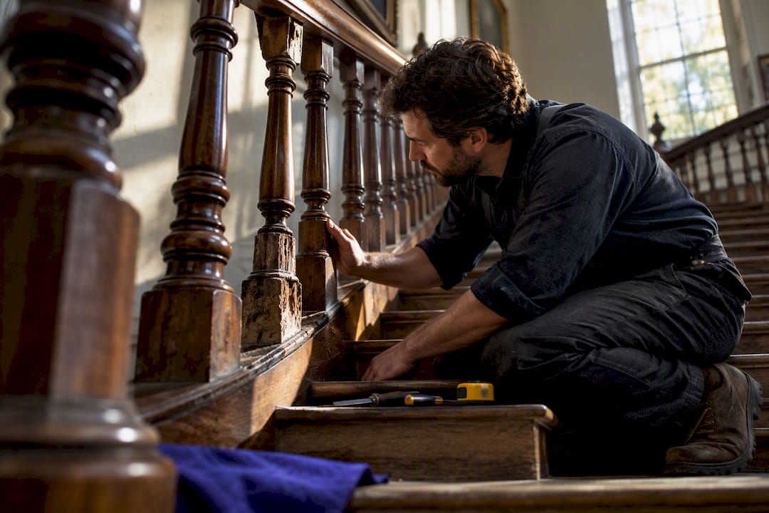Specialist inspecting damaged heritage staircase balustrade