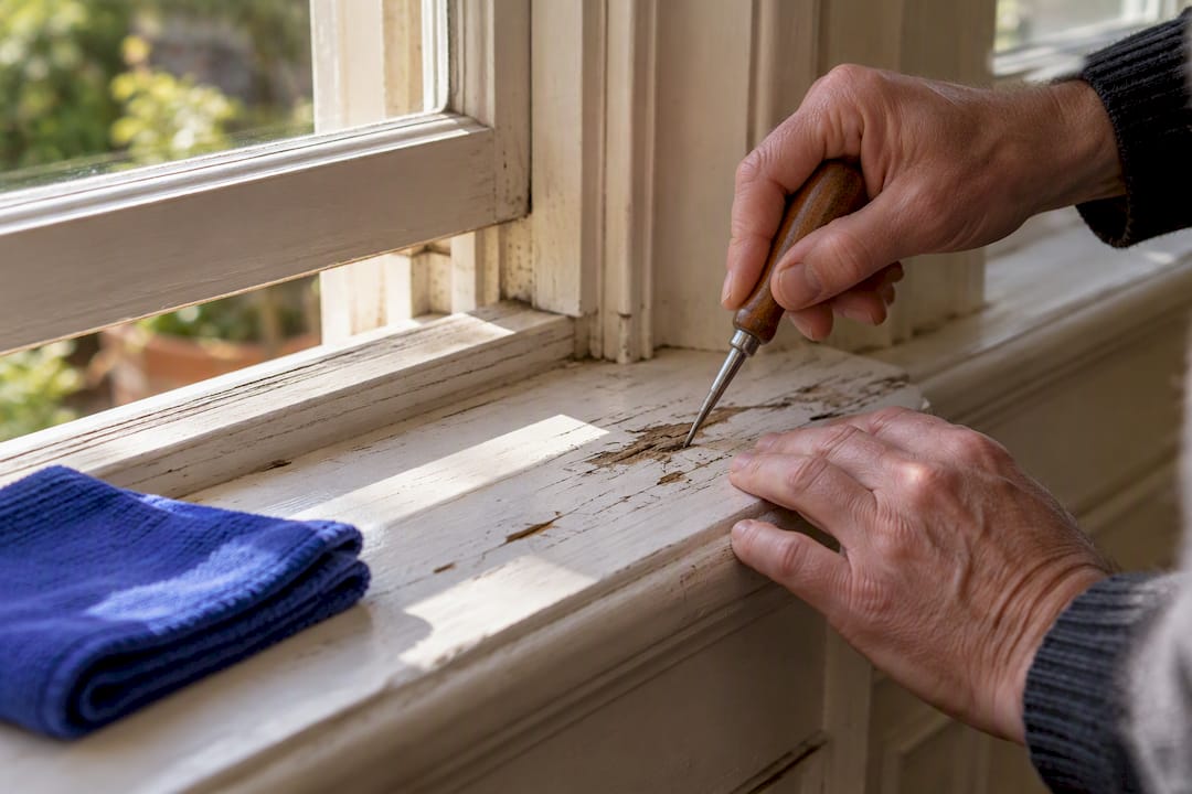 Awl testing softness in timber window sill