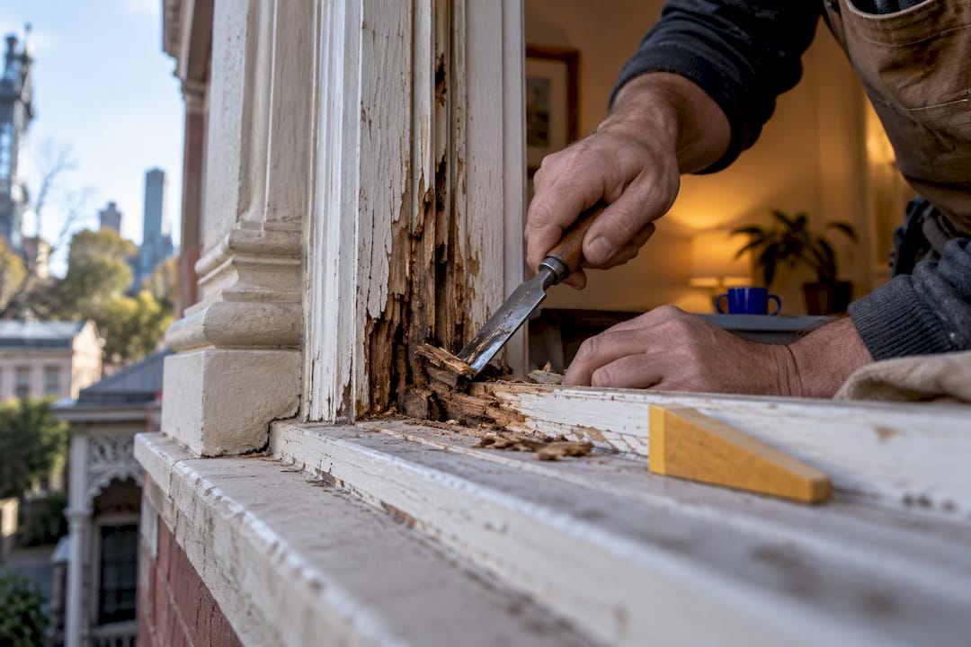 Rotted timber sash window undergoing repair