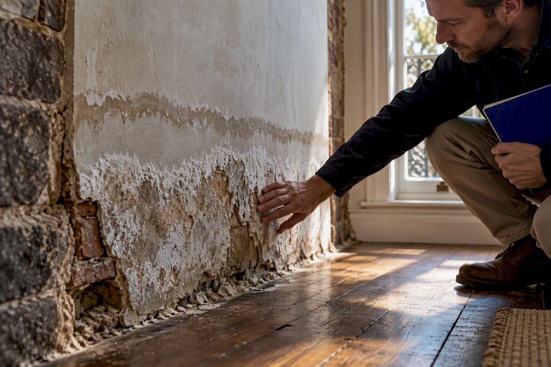 Salt-damaged heritage wall during damp inspection