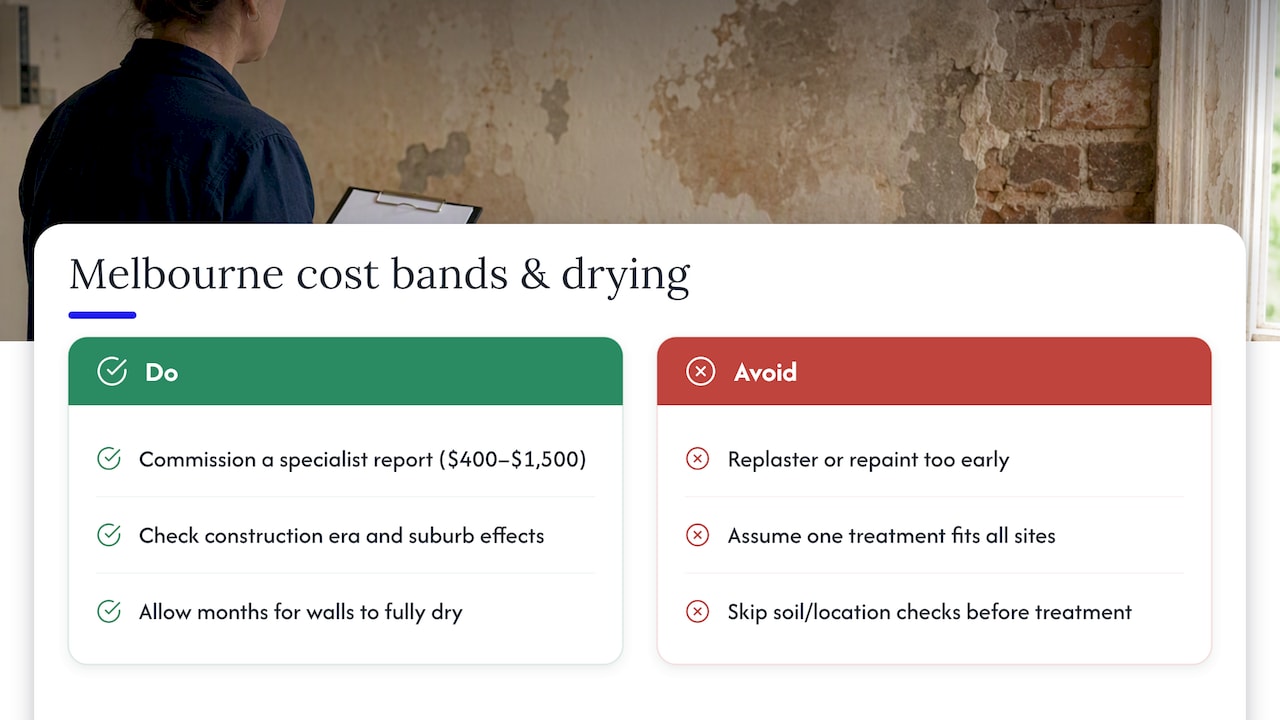 Melbourne cost bands, unit rates and realistic drying timelines — overview diagram