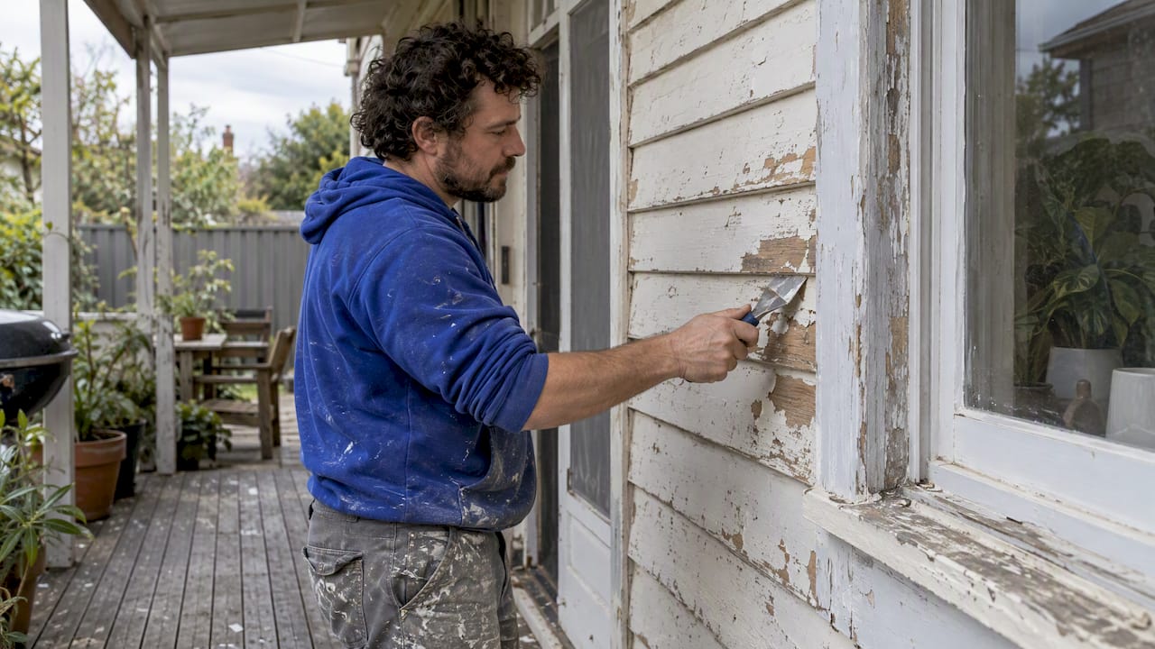 Painter scraping peeling weatherboard paint