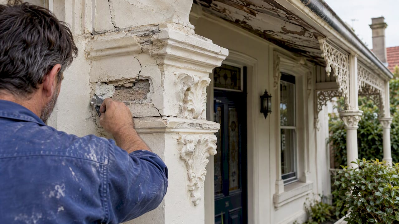 Damaged heritage render moulding under repair