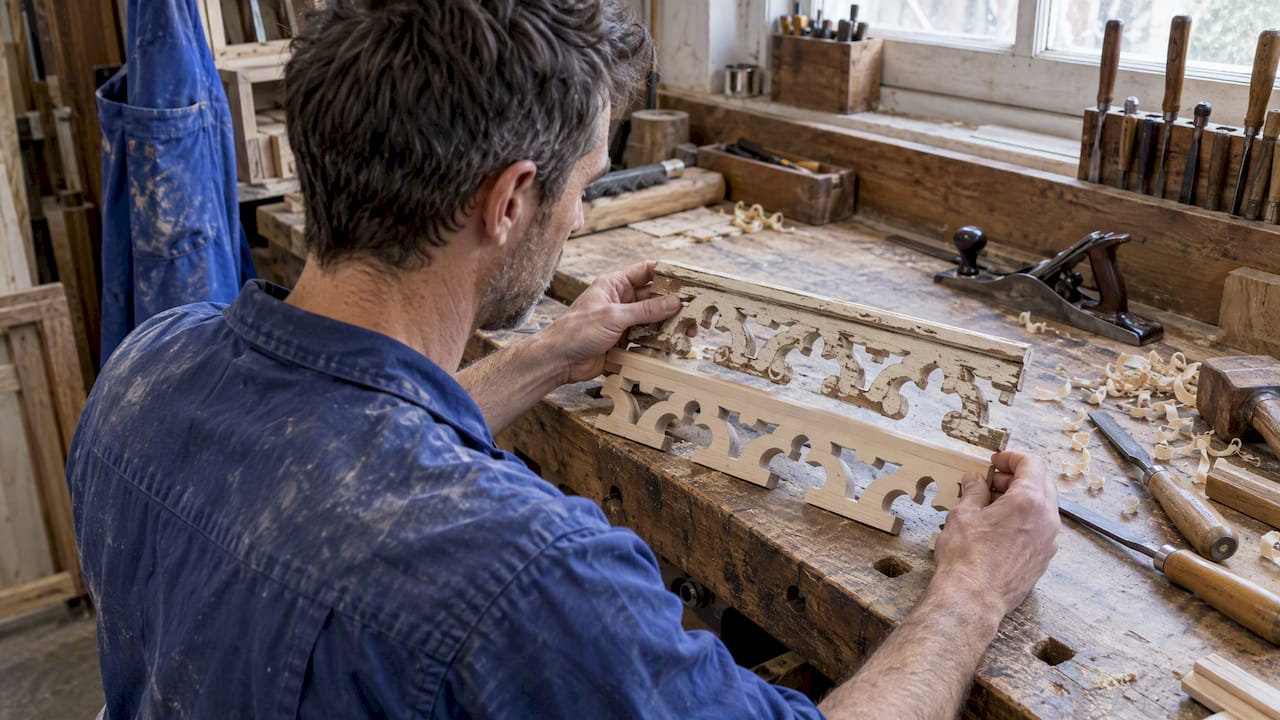 Carpenter matching replacement timber fretwork