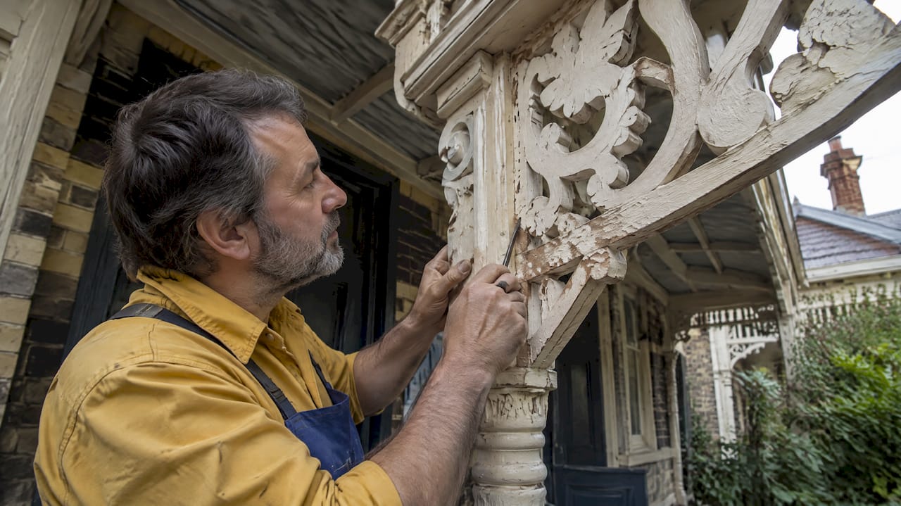 Restorer examining Victorian timber fretwork