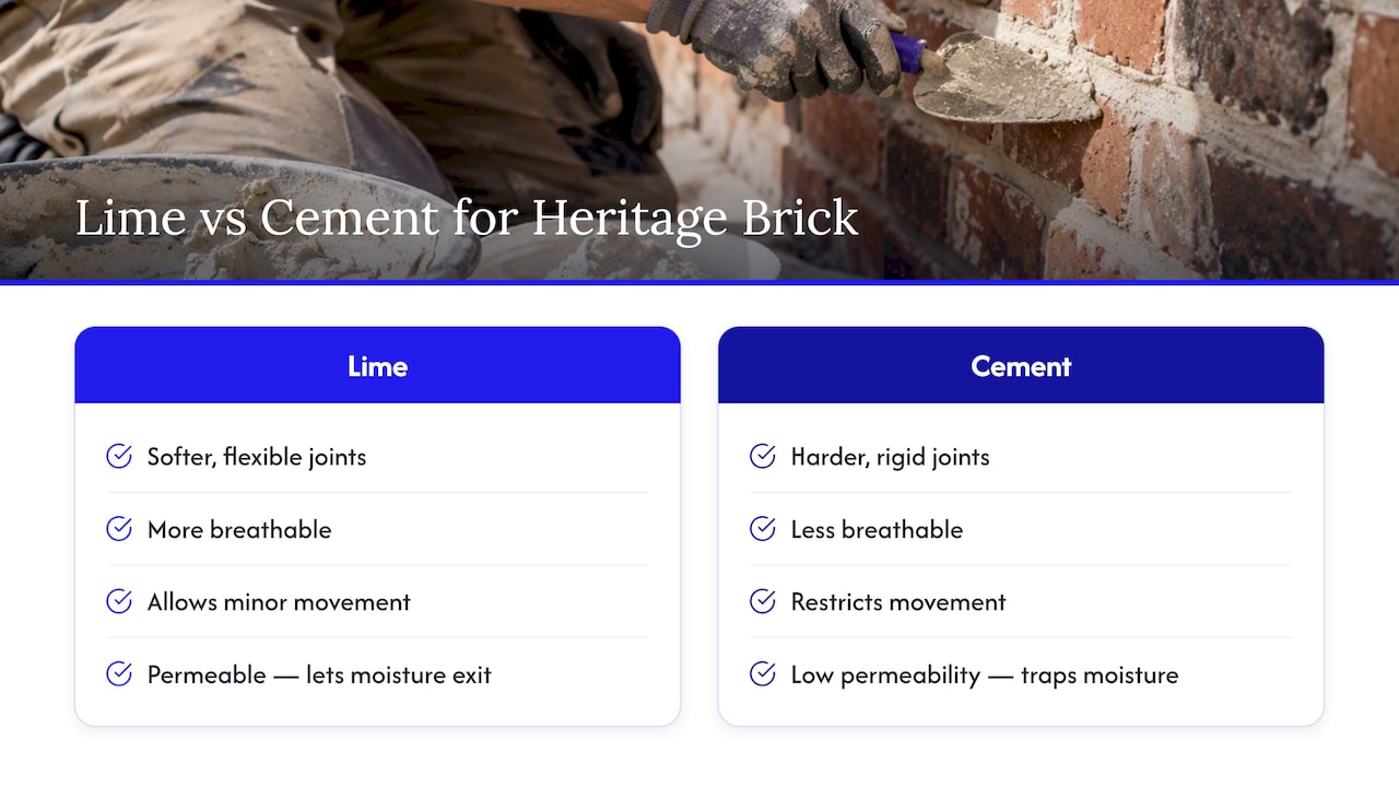 Lime and cement mortar comparison for heritage bricks