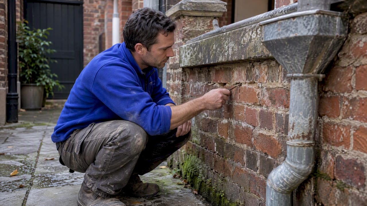 Specialist inspecting mortar joints beside downpipe