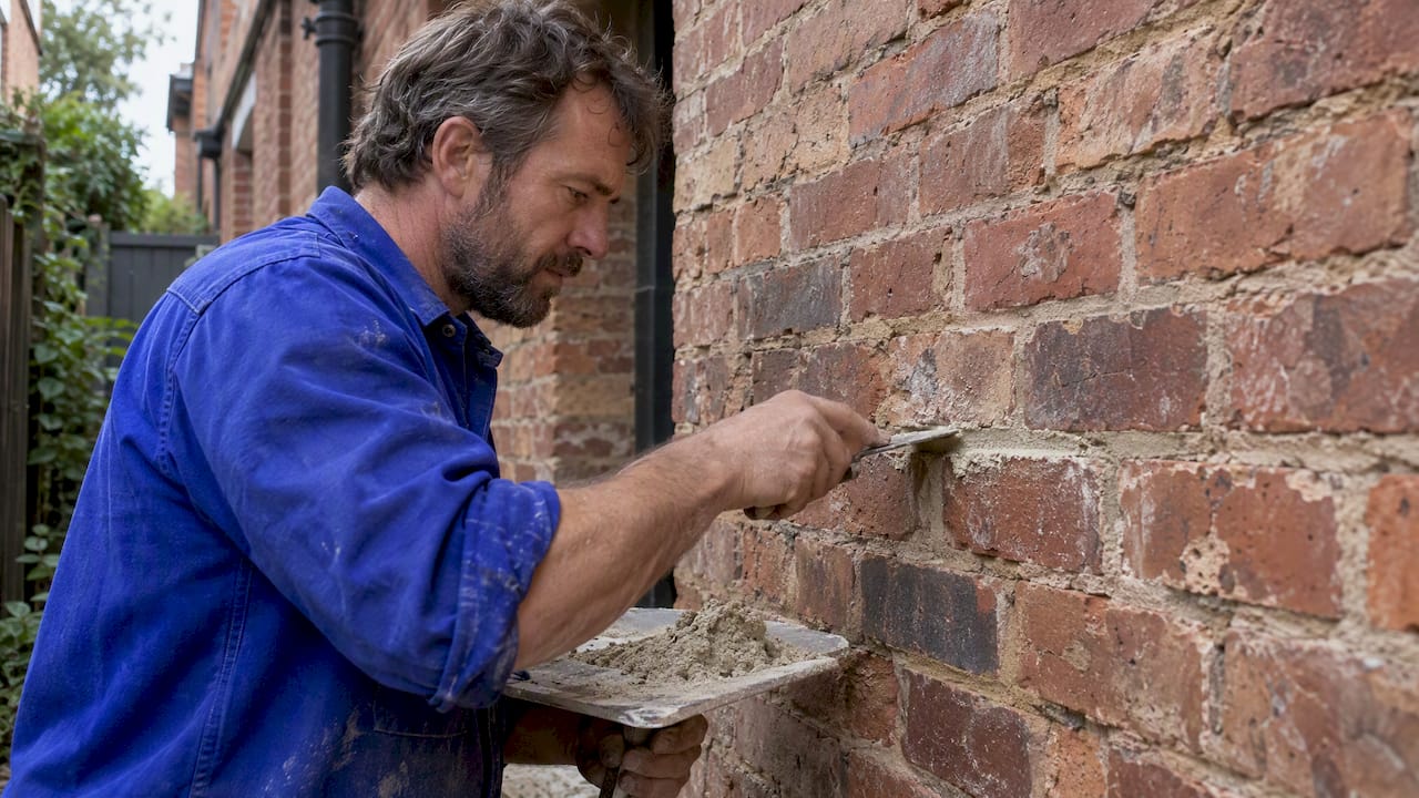 Lime mortar being applied to heritage brickwork