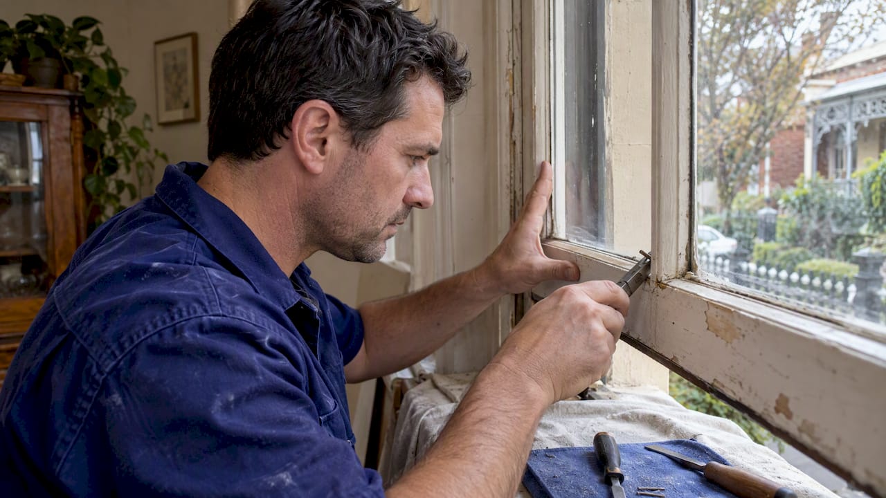 Restorer supporting glass during putty removal