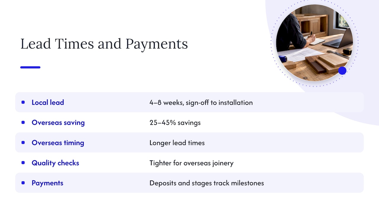 Local and overseas joinery timelines and payment milestones